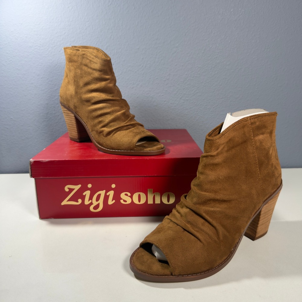 Zigi Soho Indera Booties Womens 8.5 Tan Excellent Peep Toe Ruched Block Heel